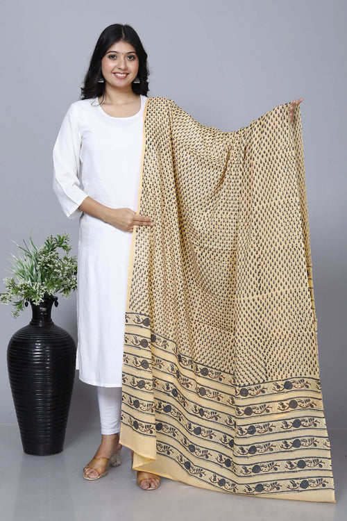 Beige Hand Block Printed Cotton Dupatta Bada Boota