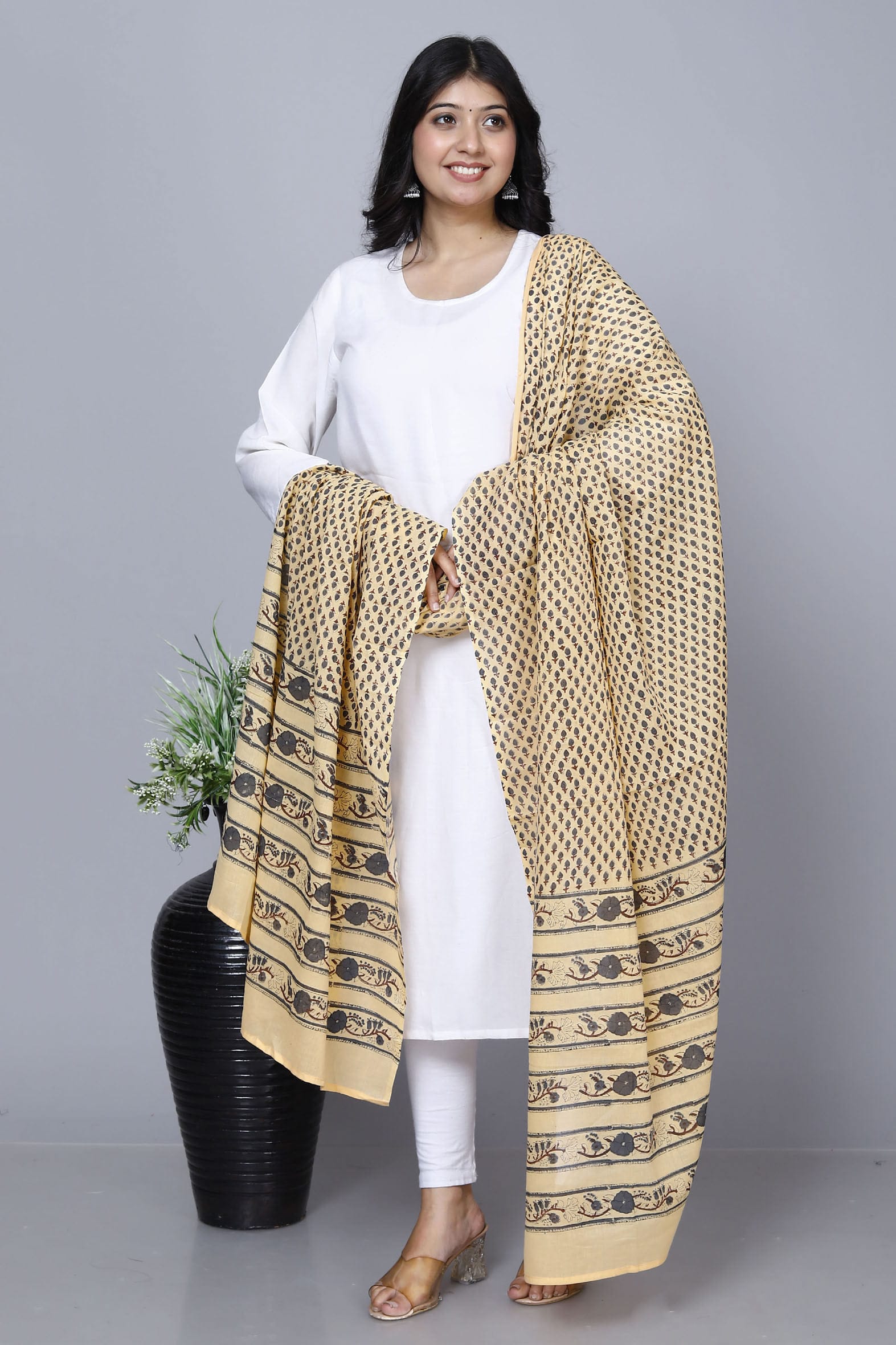 Beige Hand Block Printed Cotton Dupatta Bada Boota