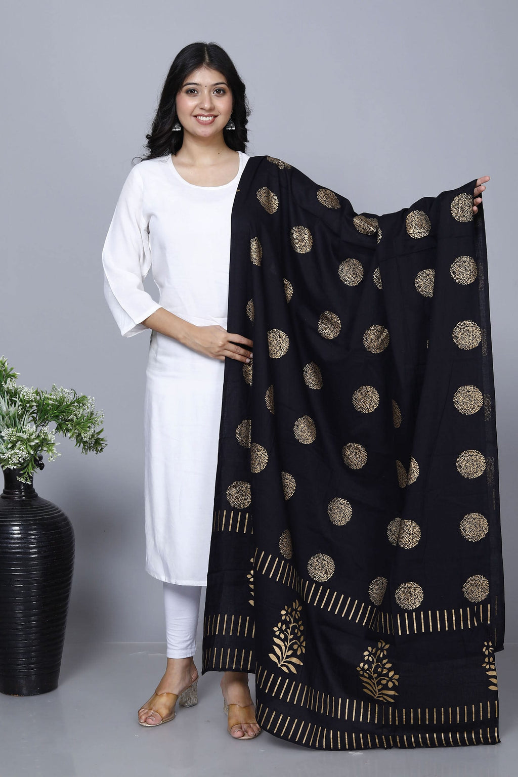 Black Hand Block Printed Cotton Dupatta Bada Boota