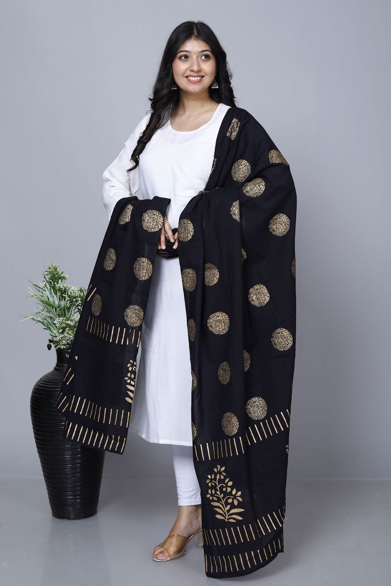Black Hand Block Printed Cotton Dupatta Bada Boota