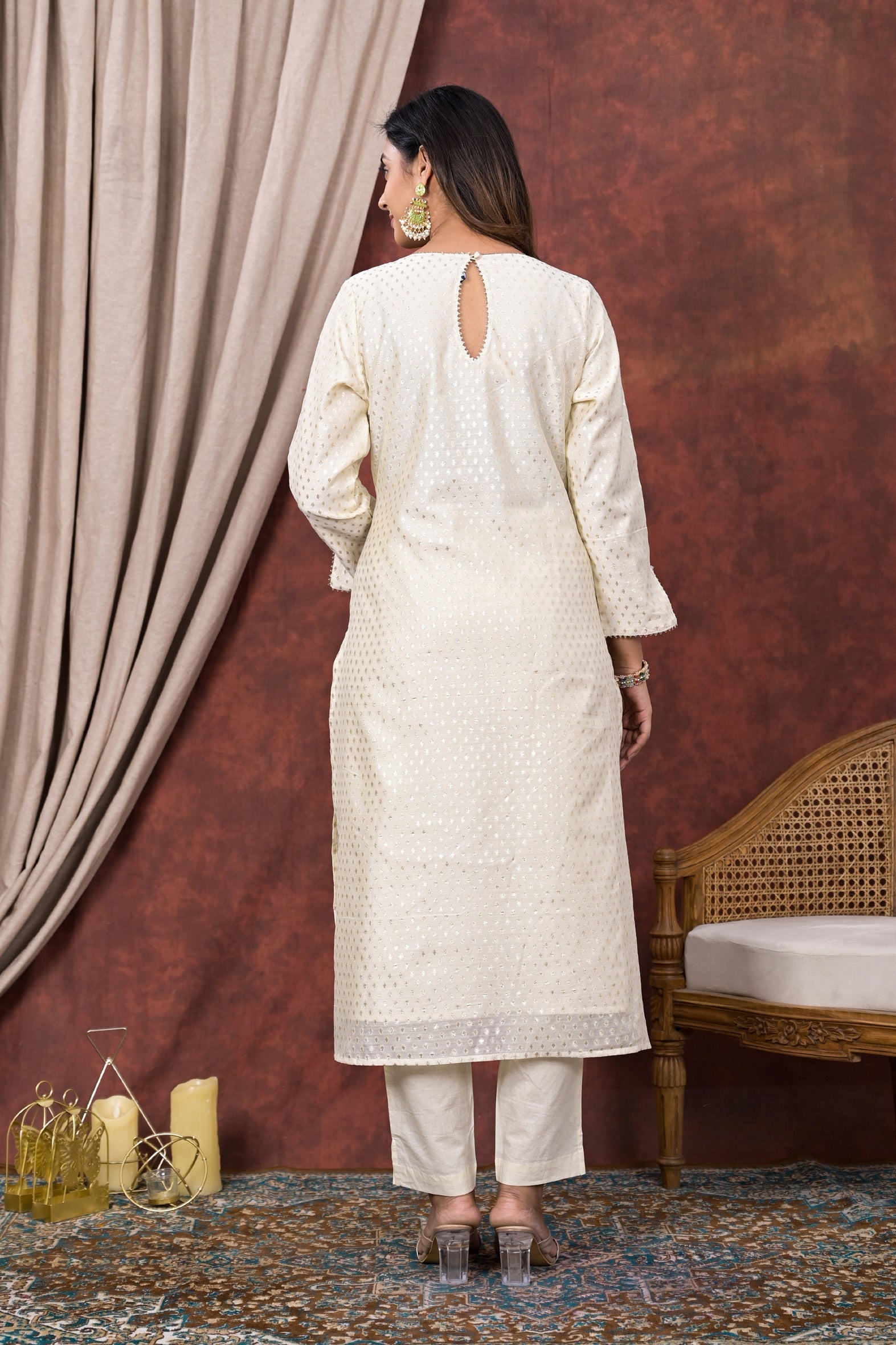 White Embellished Chanderi Kurta Pant Set Bada Boota