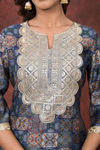 Blue Digital Printed Modal Chanderi Partywear Kurta Pant Set Bada Boota