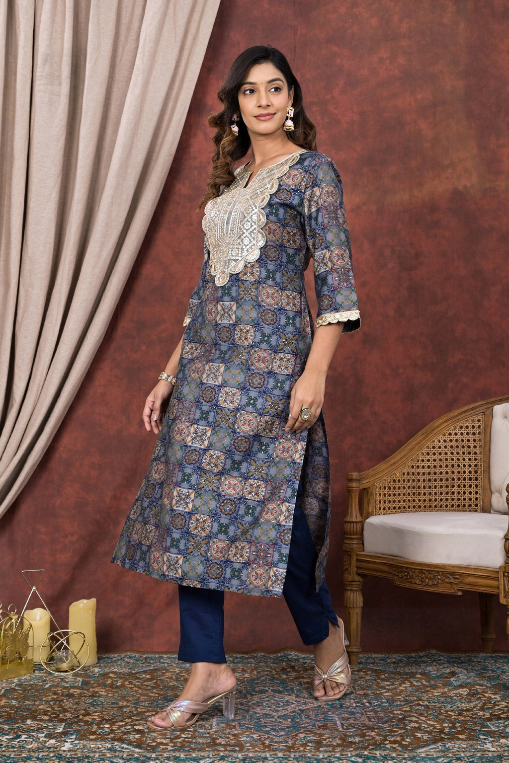 Blue Digital Printed Modal Chanderi Partywear Kurta Pant Set Bada Boota