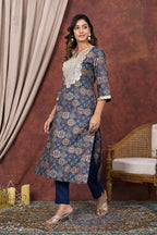 Blue Digital Printed Modal Chanderi Partywear Kurta Pant Set Bada Boota