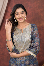 Blue Digital Printed Modal Chanderi Partywear Kurta Pant Set Bada Boota