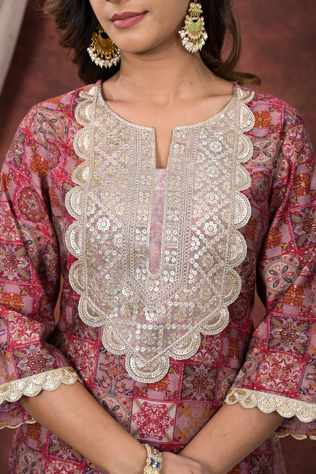 Red Digital Printed Modal Chanderi Partywear Kurta Pant Set Bada Boota