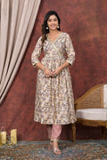 Cream Grey Printed Modal Chanderi Partywear Angrakha Kurta Pant Set Bada Boota