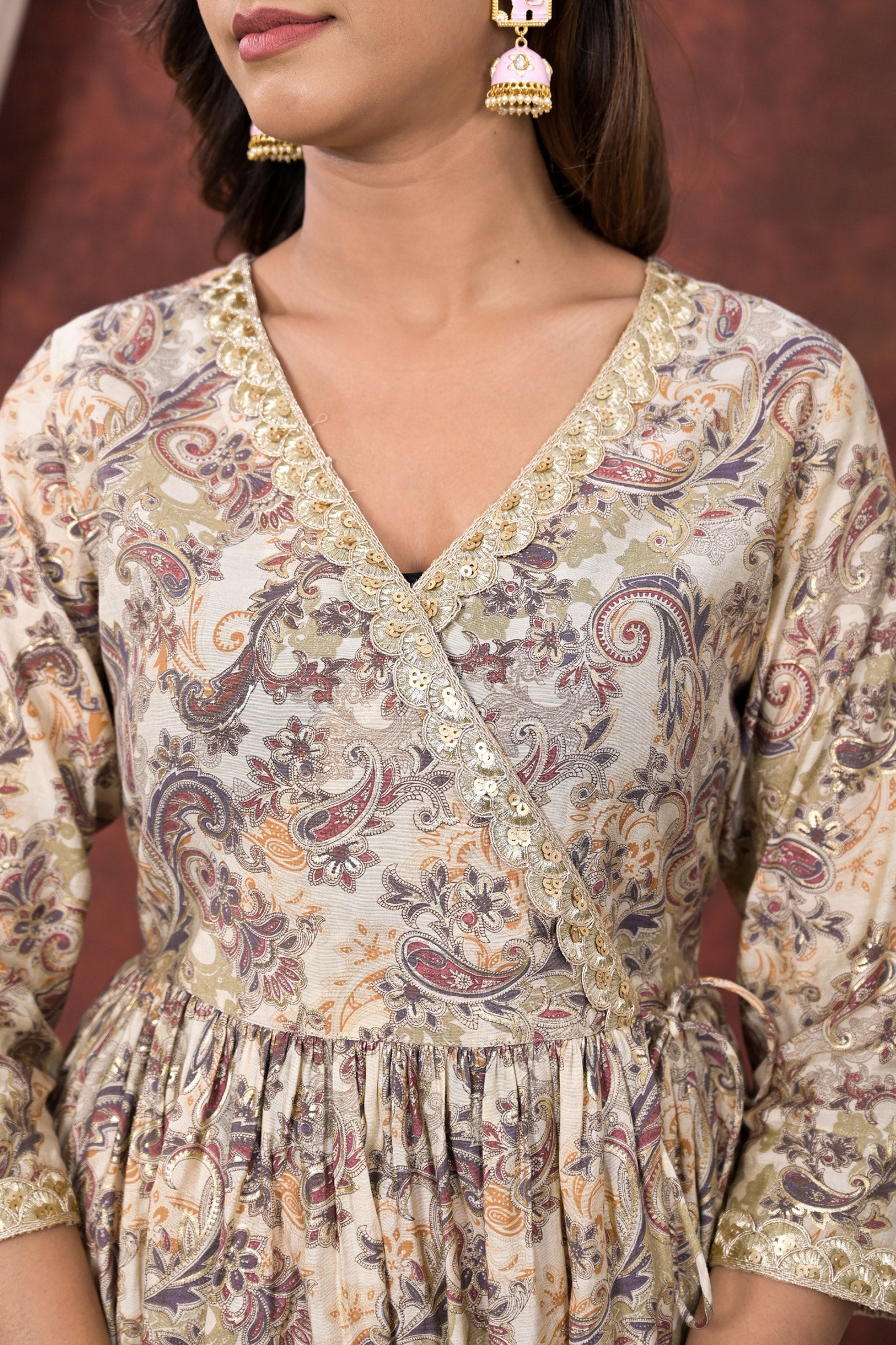 Cream Grey Printed Modal Chanderi Partywear Angrakha Kurta Pant Set Bada Boota