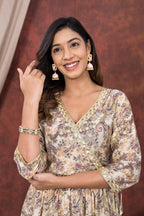 Cream Grey Printed Modal Chanderi Partywear Angrakha Kurta Pant Set Bada Boota