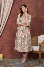 Cream Grey Printed Modal Chanderi Partywear Angrakha Kurta Pant Set Bada Boota