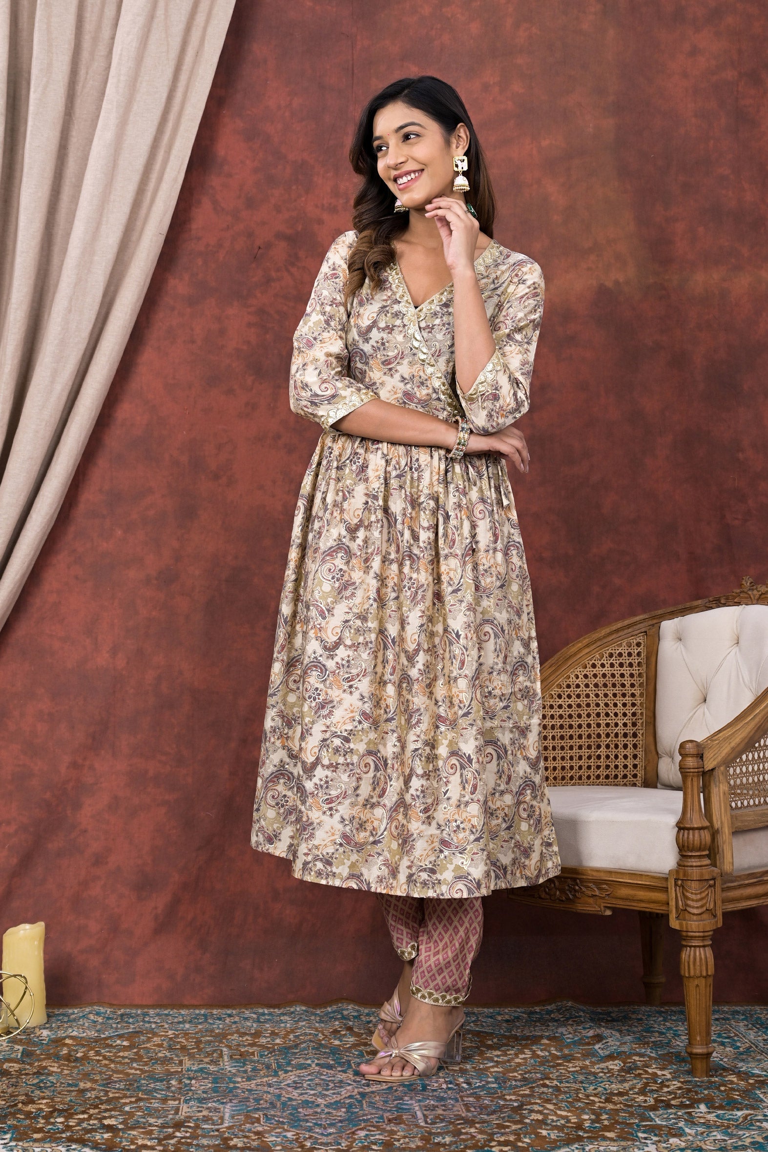 Cream Grey Printed Modal Chanderi Partywear Angrakha Kurta Pant Set Bada Boota