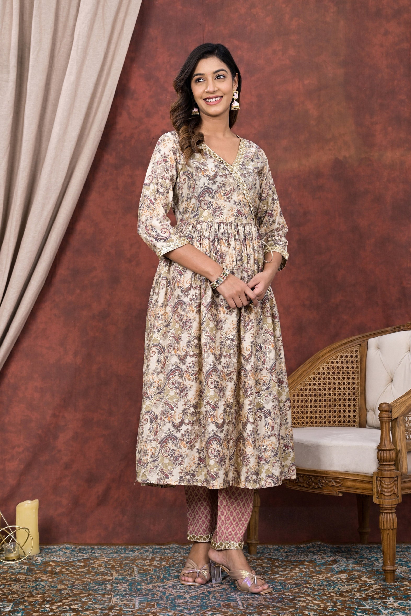 Cream Grey Printed Modal Chanderi Partywear Angrakha Kurta Pant Set Bada Boota