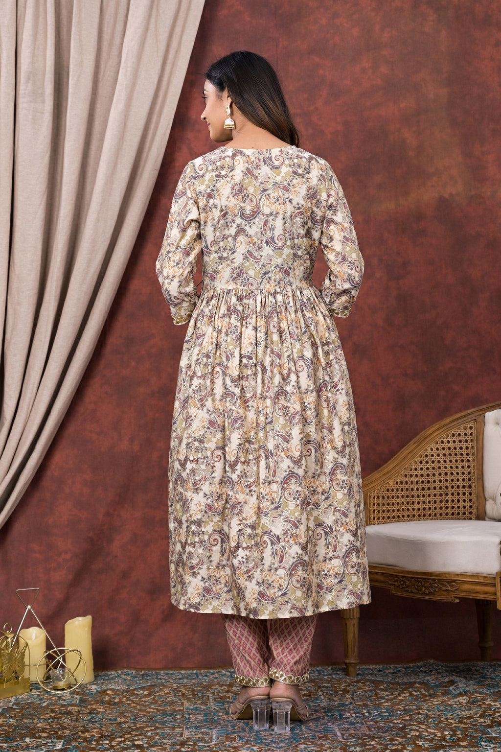 Cream Grey Printed Modal Chanderi Partywear Angrakha Kurta Pant Set Bada Boota