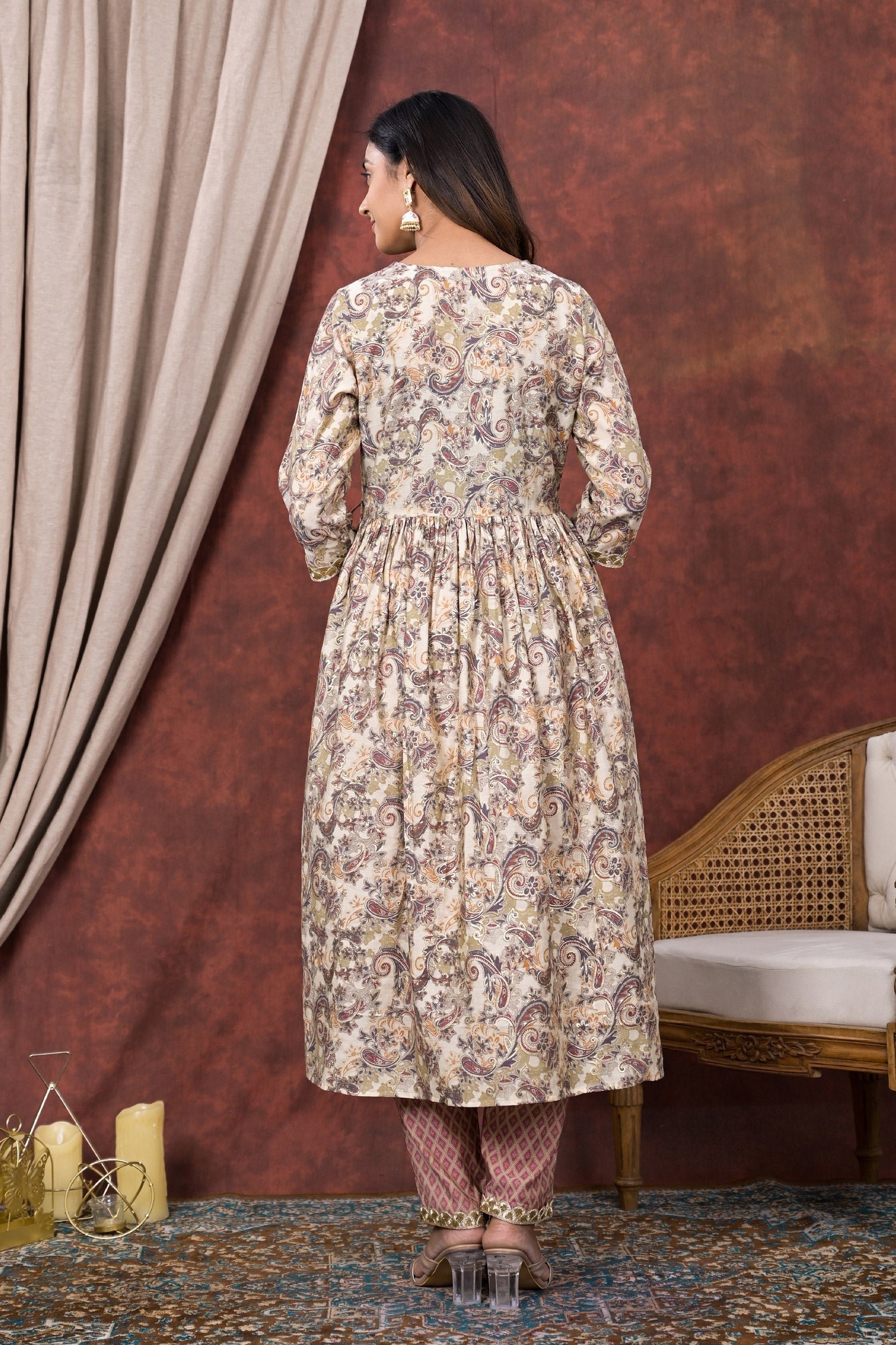 Cream Grey Printed Modal Chanderi Partywear Angrakha Kurta Pant Set Bada Boota
