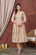 Cream Mustard Printed Modal Chanderi Partywear Angrakha Kurta Pant Set Bada Boota