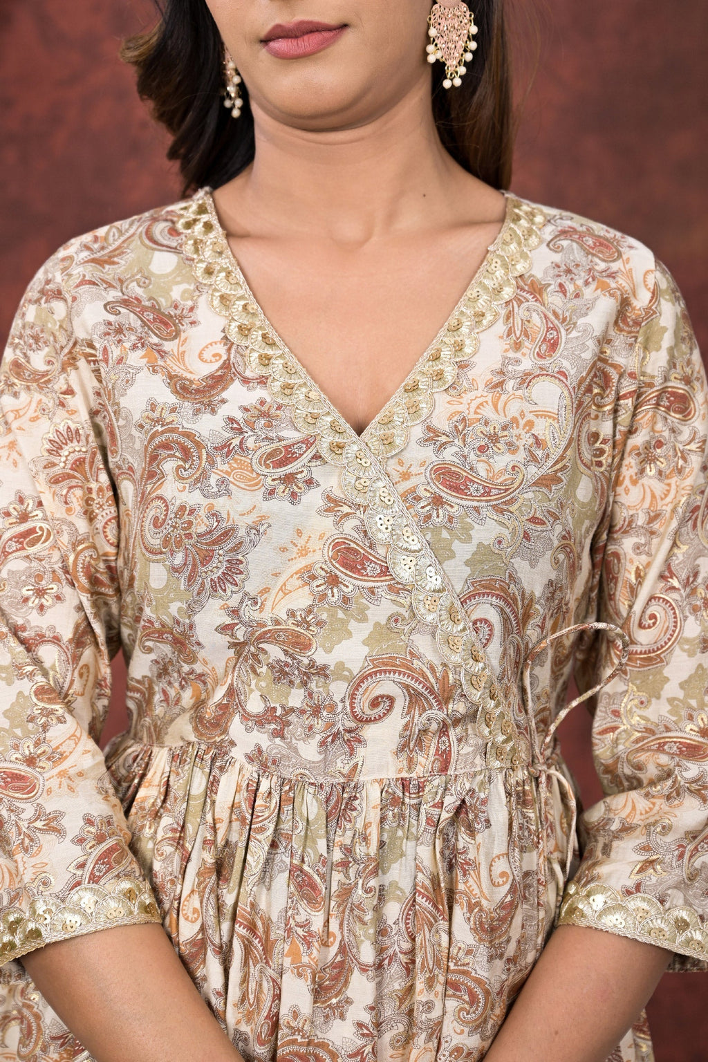 Cream Mustard Printed Modal Chanderi Partywear Angrakha Kurta Pant Set Bada Boota