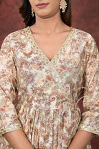 Cream Mustard Printed Modal Chanderi Partywear Angrakha Kurta Pant Set Bada Boota