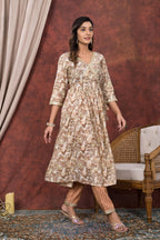 Cream Mustard Printed Modal Chanderi Partywear Angrakha Kurta Pant Set Bada Boota