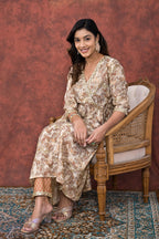 Cream Mustard Printed Modal Chanderi Partywear Angrakha Kurta Pant Set Bada Boota