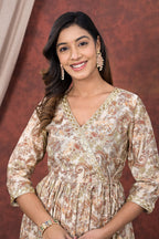 Cream Mustard Printed Modal Chanderi Partywear Angrakha Kurta Pant Set Bada Boota