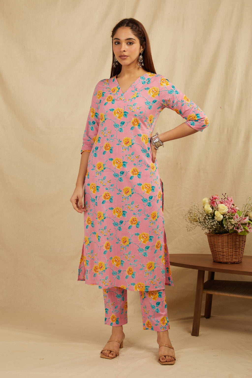 Peach Cotton Straight Kurta Pant Set - Set of 2 Bada Boota