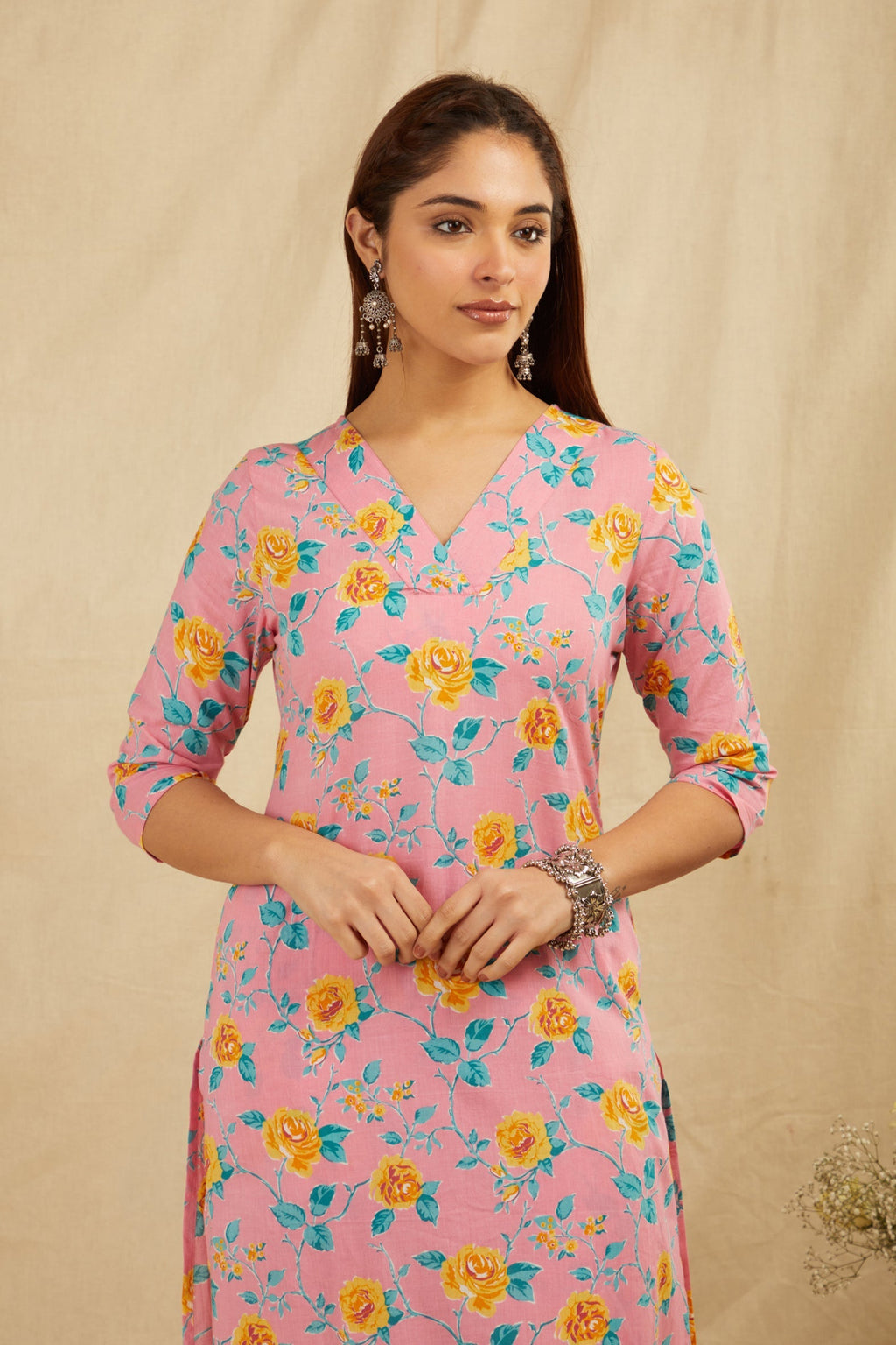 Peach Cotton Straight Kurta Pant Set - Set of 2 Bada Boota