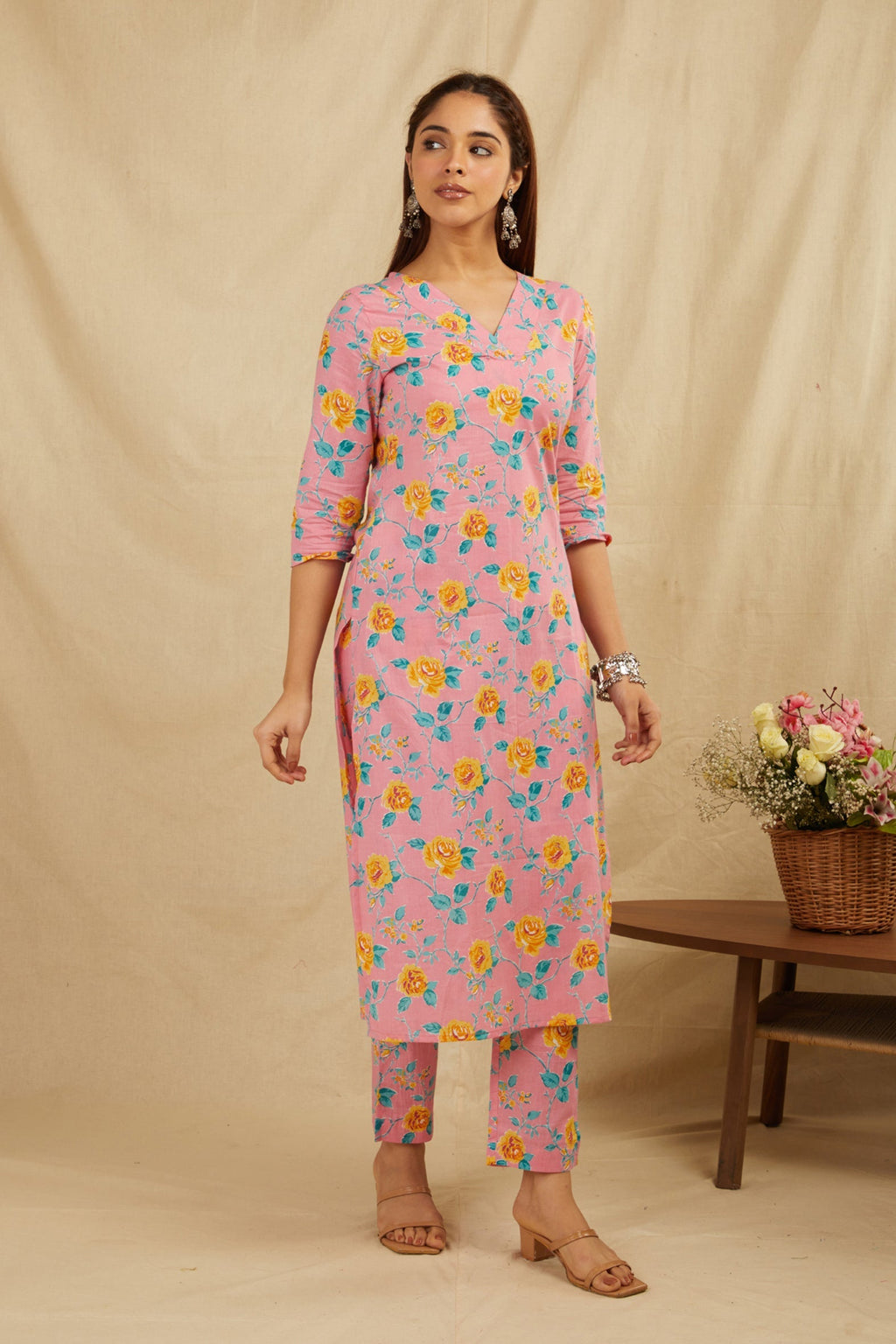 Peach Cotton Straight Kurta Pant Set - Set of 2 Bada Boota
