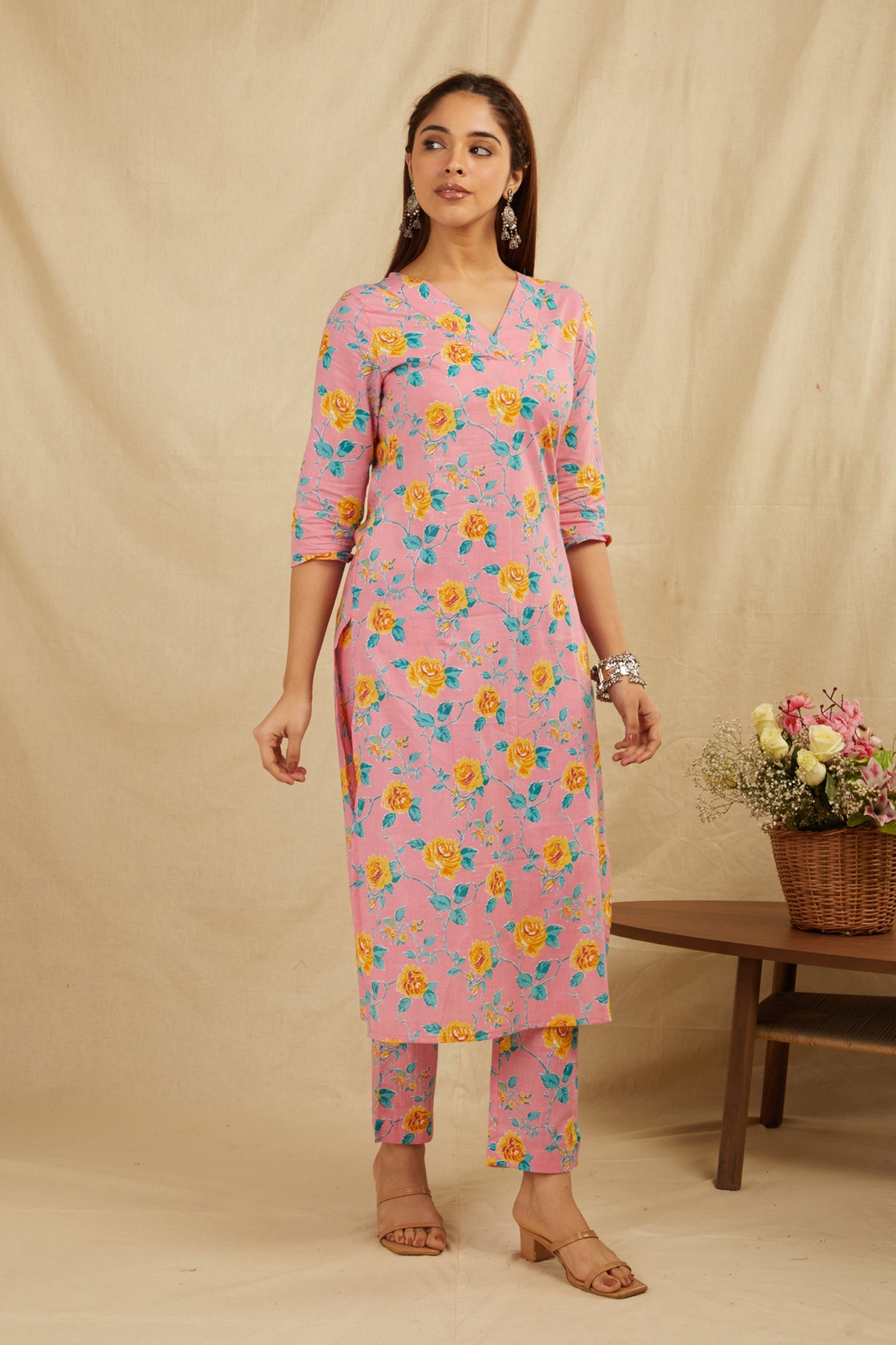 Peach Cotton Straight Kurta Pant Set - Set of 2 Bada Boota