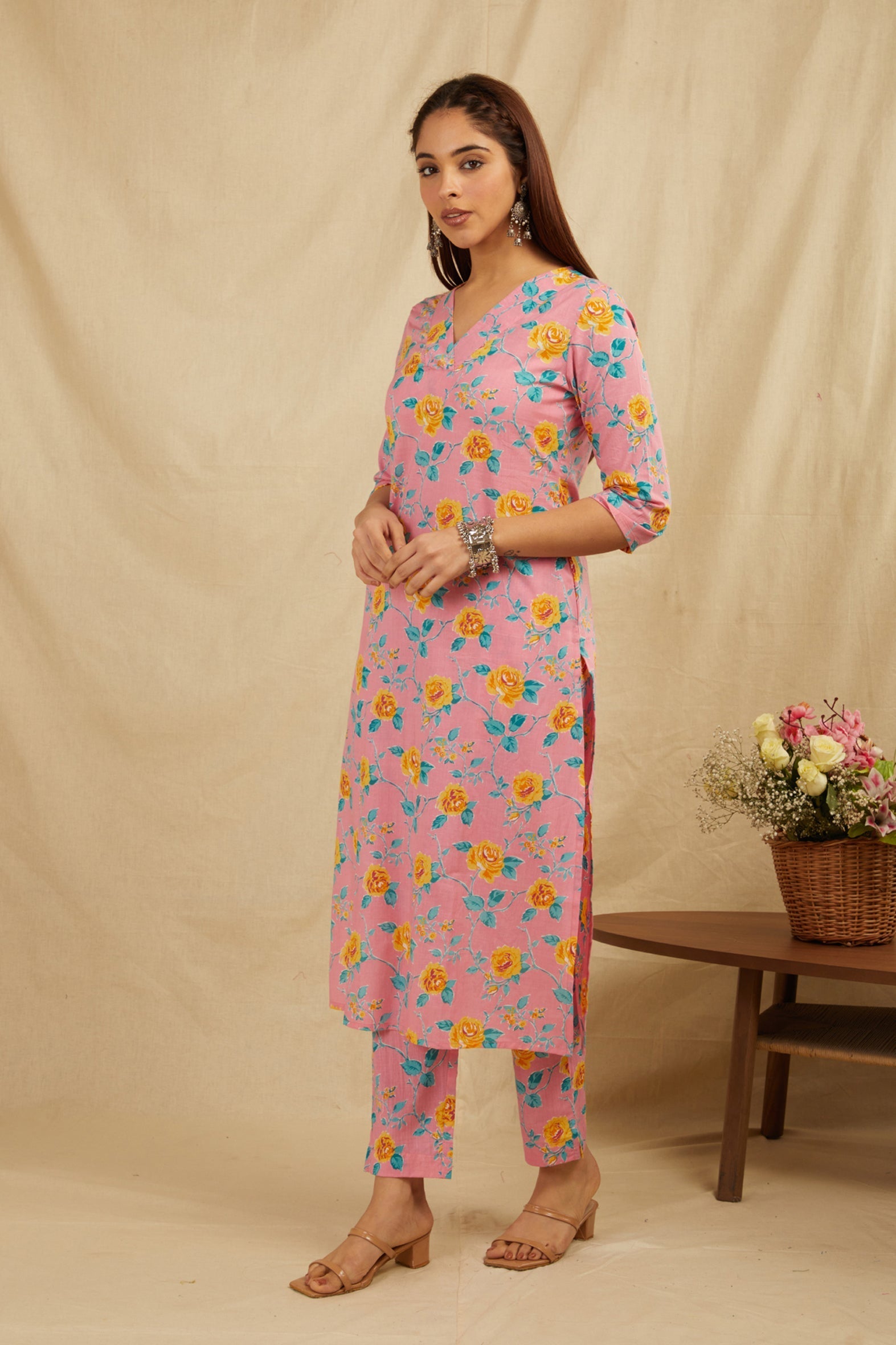 Peach Cotton Straight Kurta Pant Set - Set of 2 Bada Boota