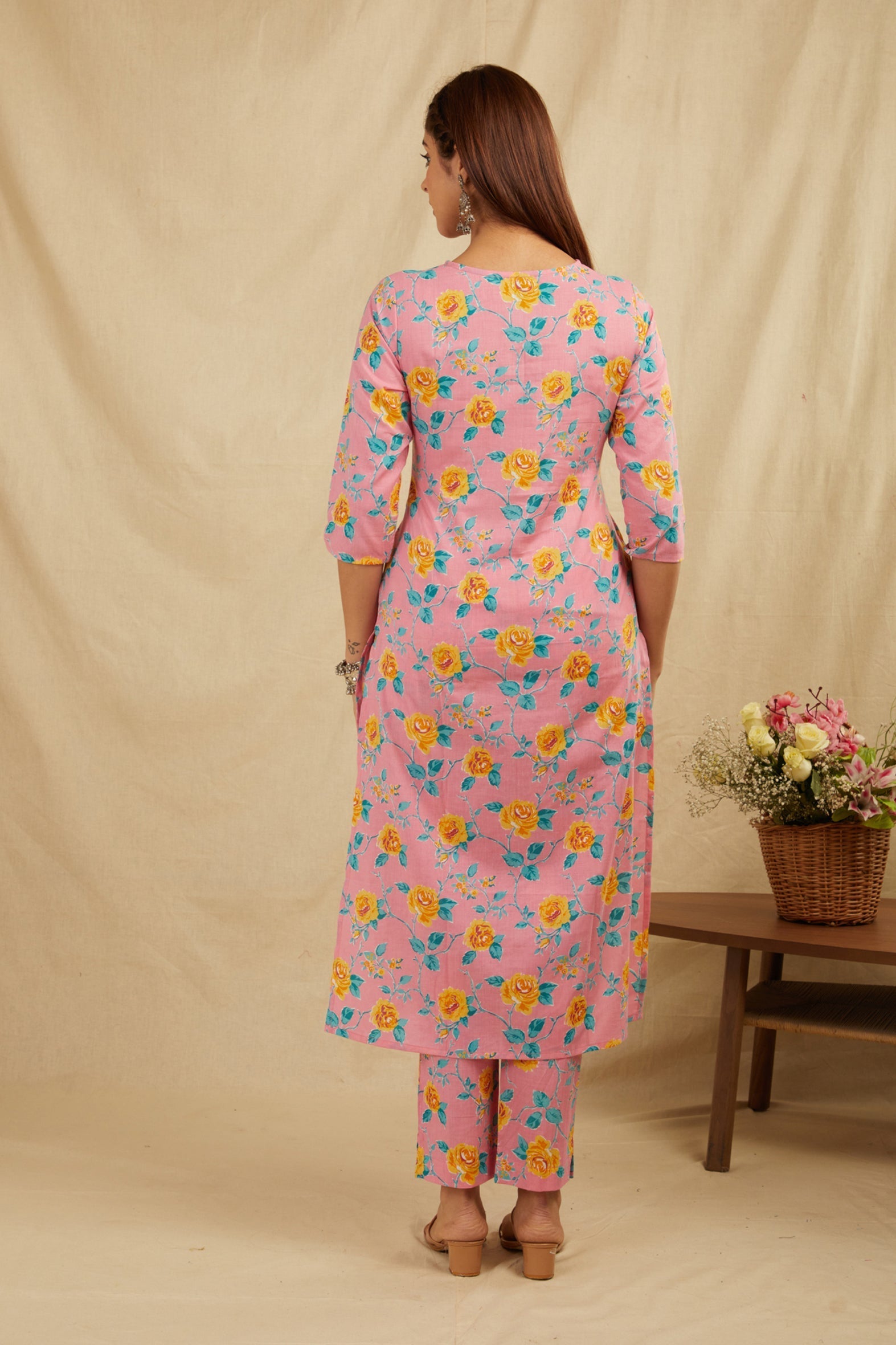 Peach Cotton Straight Kurta Pant Set - Set of 2 Bada Boota