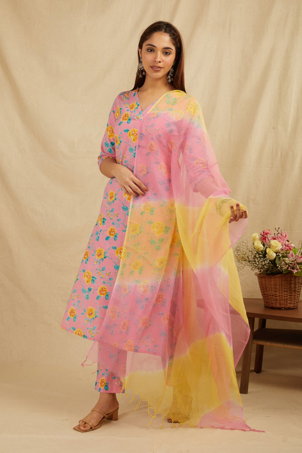 Pink Cotton Straight Kurta Pant Set With Dupatta - Set of 3 Bada Boota