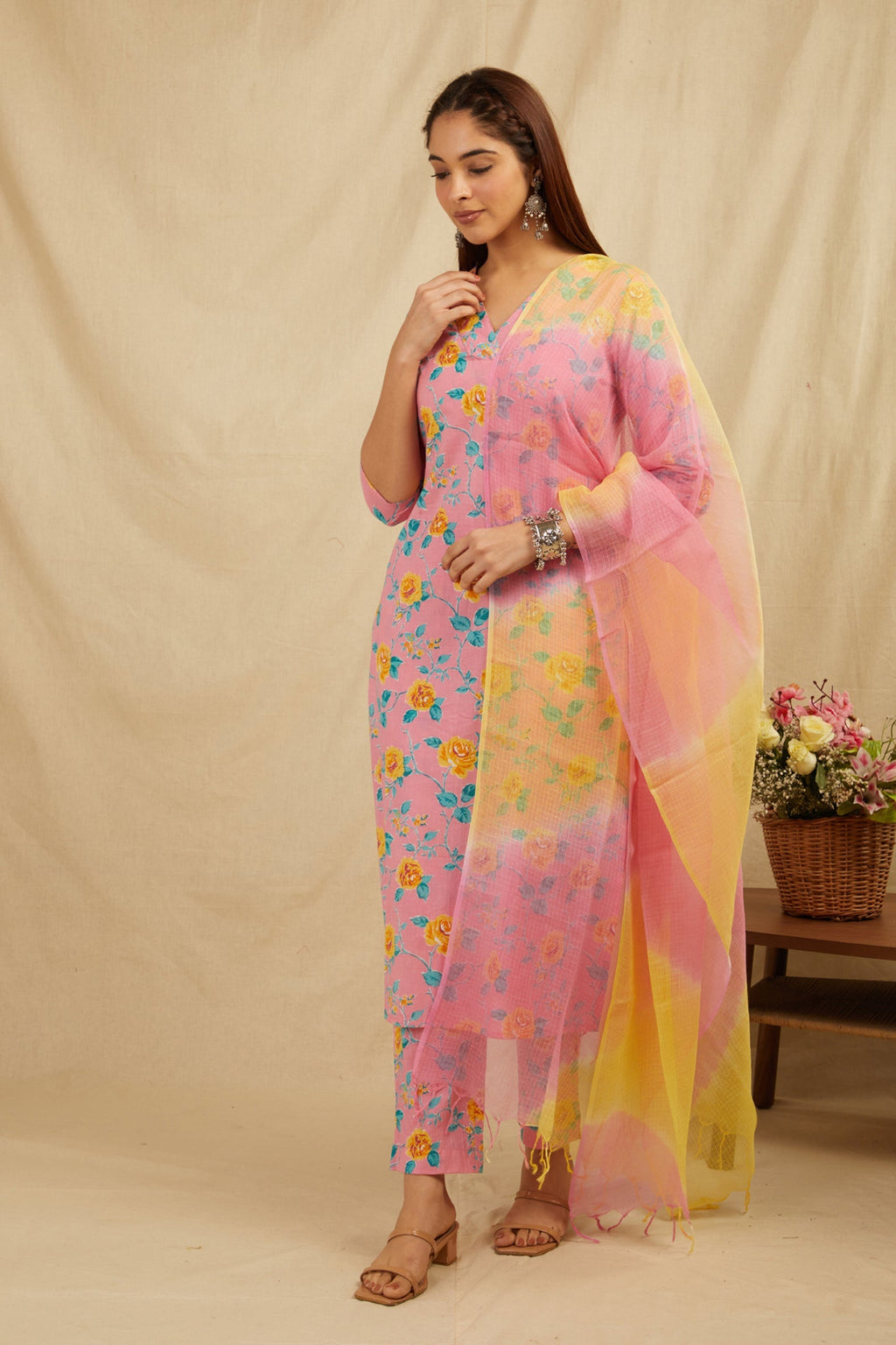 Pink Cotton Straight Kurta Pant Set With Dupatta - Set of 3 Bada Boota