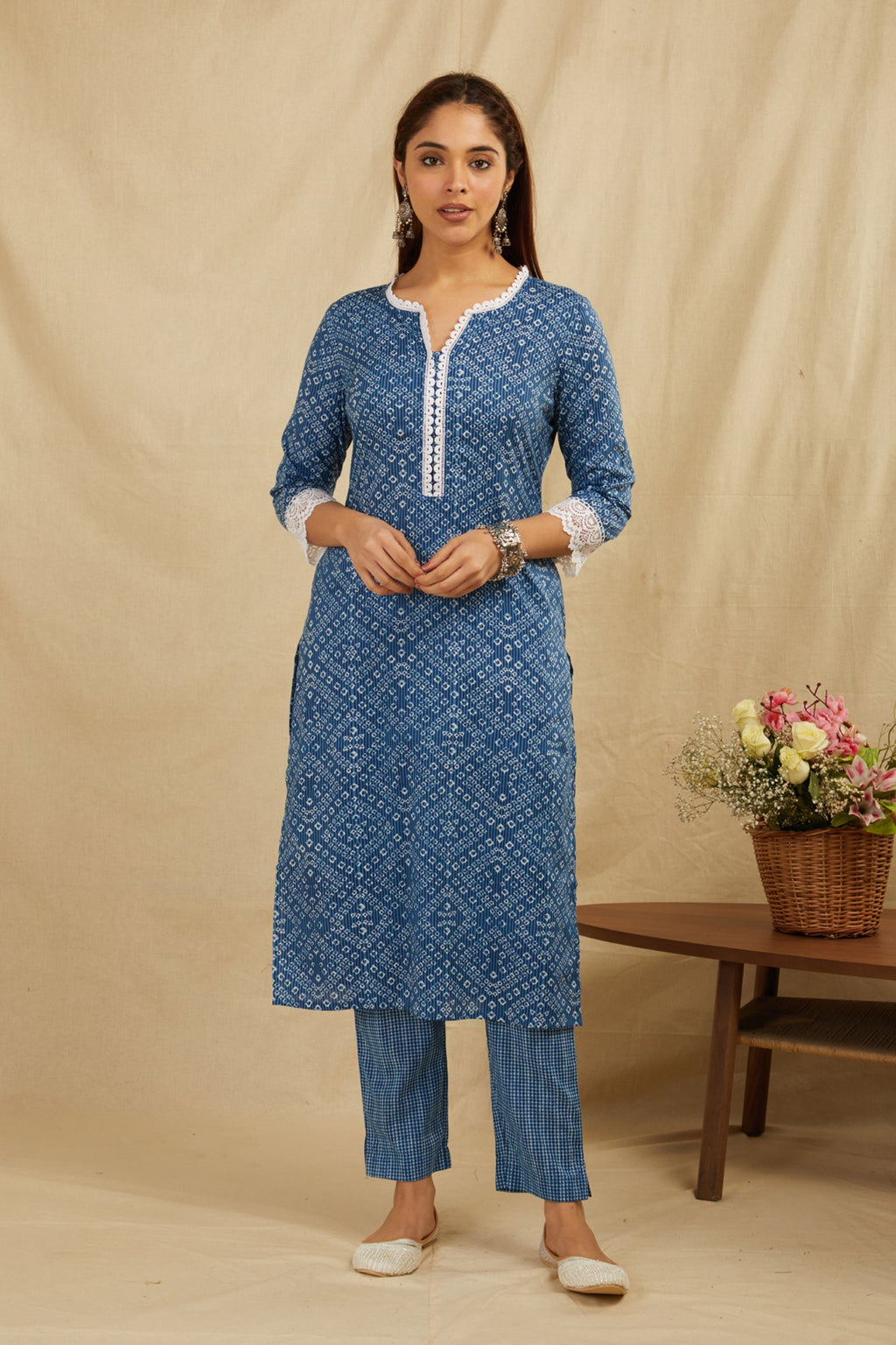 Indigo Bandhej Printed Cotton Kurta Pant Set - Set of 2 Bada Boota