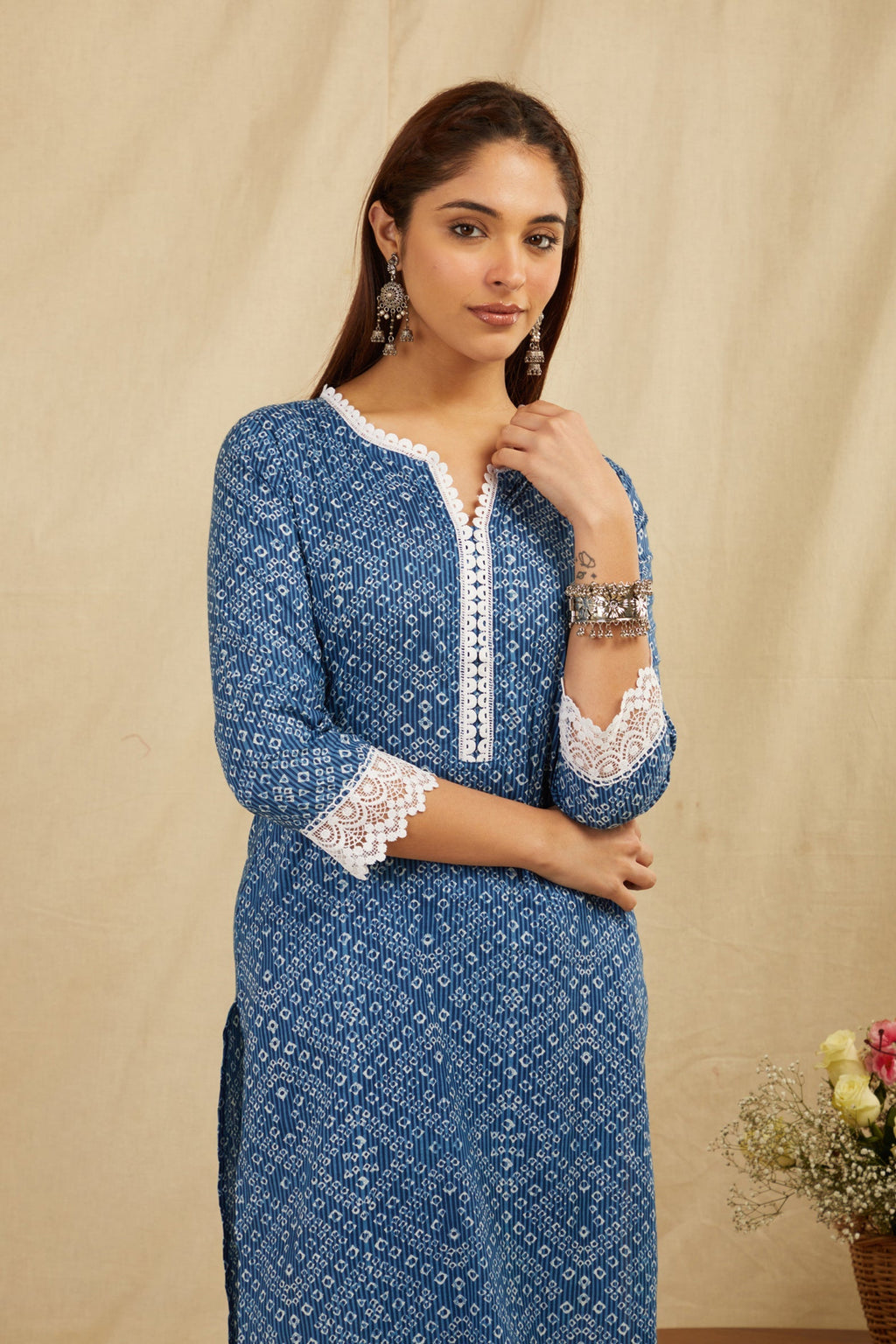 Indigo Bandhej Printed Cotton Kurta Pant Set - Set of 2 Bada Boota