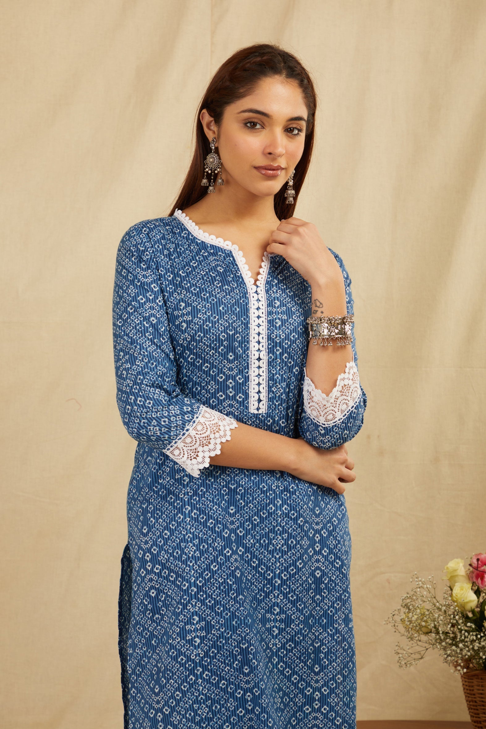 Indigo Bandhej Printed Cotton Kurta Pant Set - Set of 2 Bada Boota