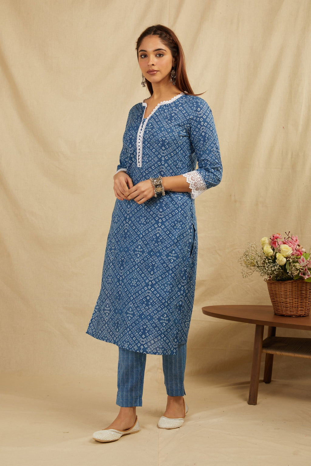 Indigo Bandhej Printed Cotton Kurta Pant Set - Set of 2 Bada Boota