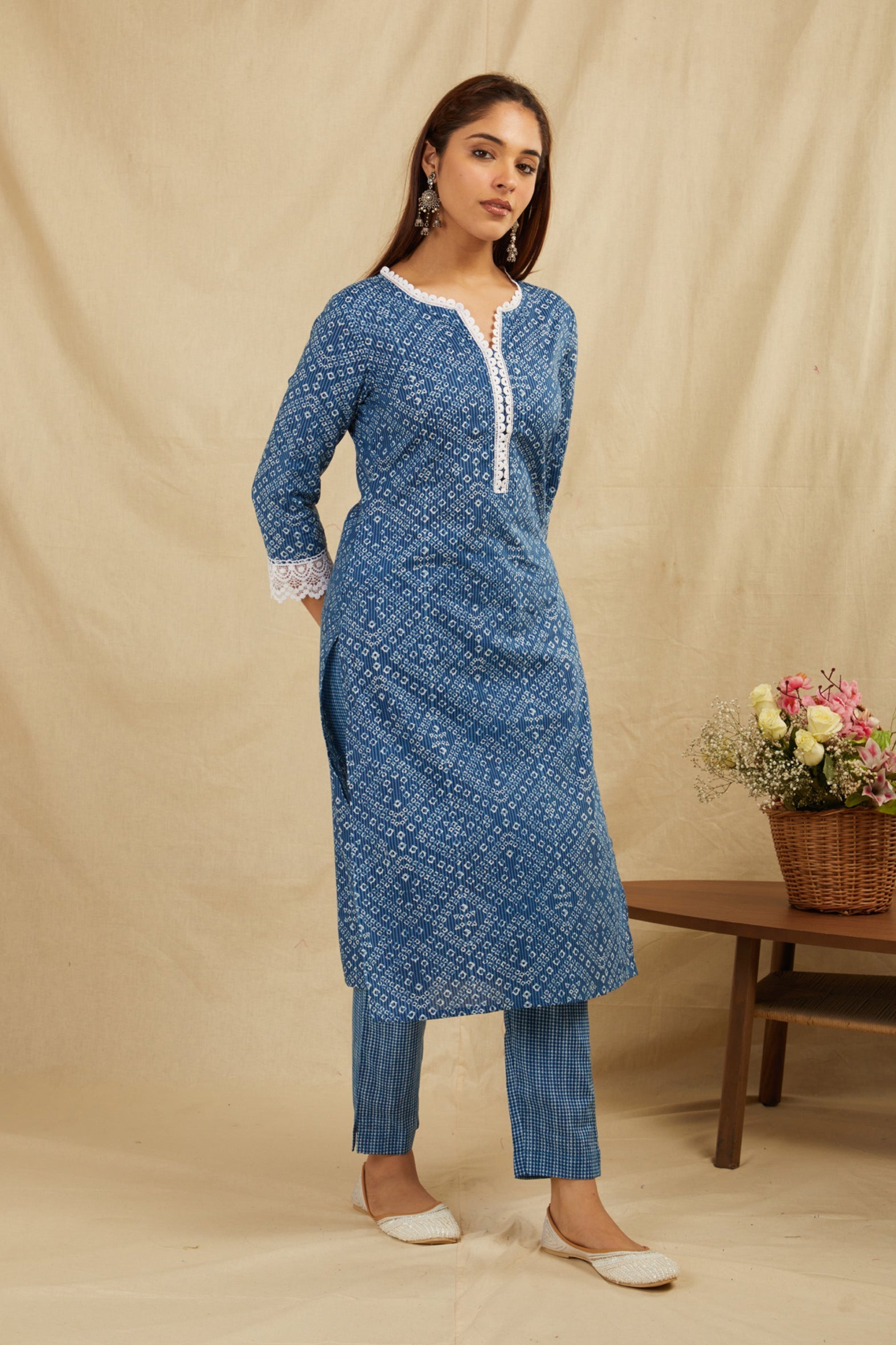Indigo Bandhej Printed Cotton Kurta Pant Set - Set of 2 Bada Boota