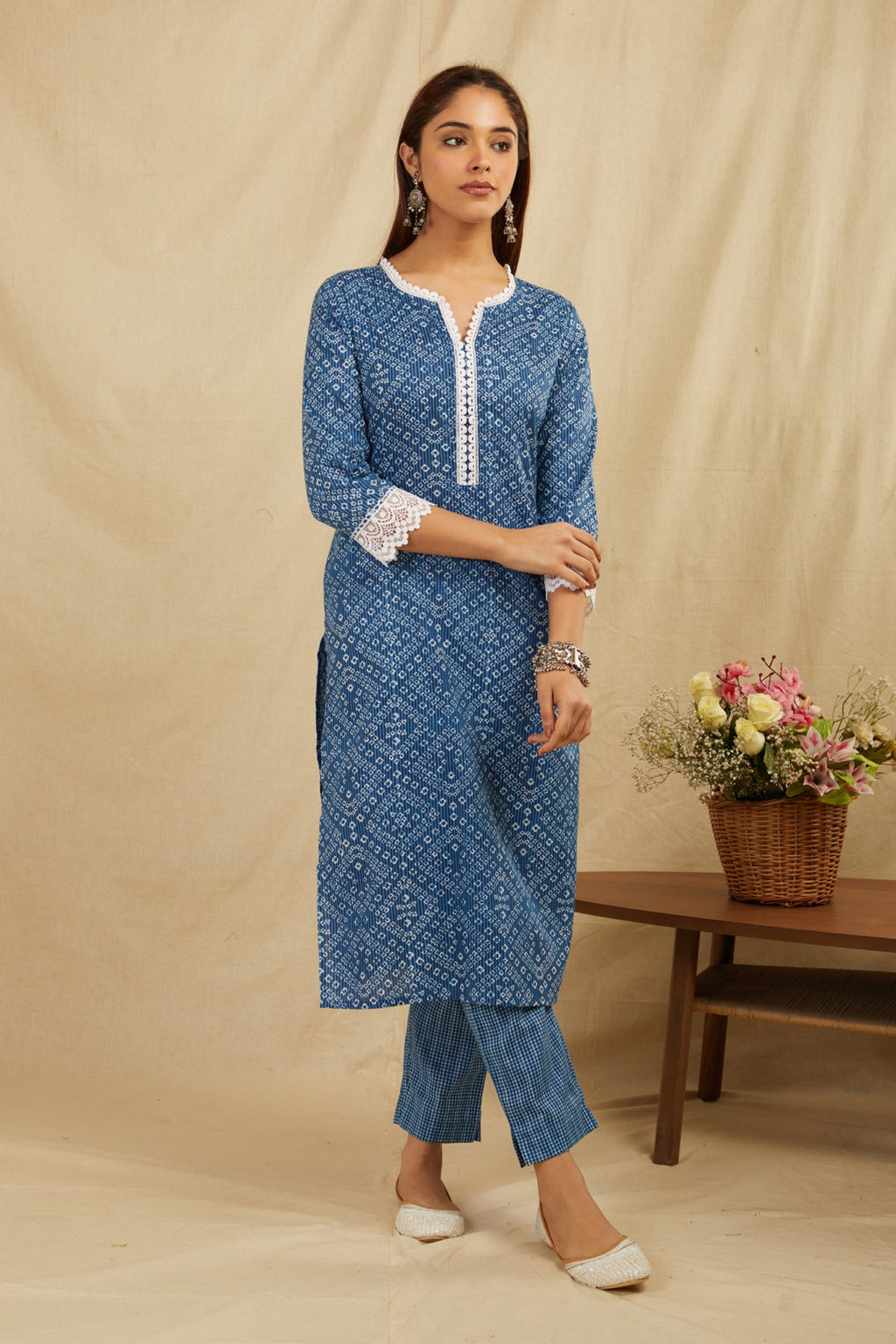 Indigo Bandhej Printed Cotton Kurta Pant Set - Set of 2 Bada Boota