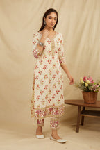 Cream Butti Printed Cotton Kurta Pant Set - Set of 2 Bada Boota