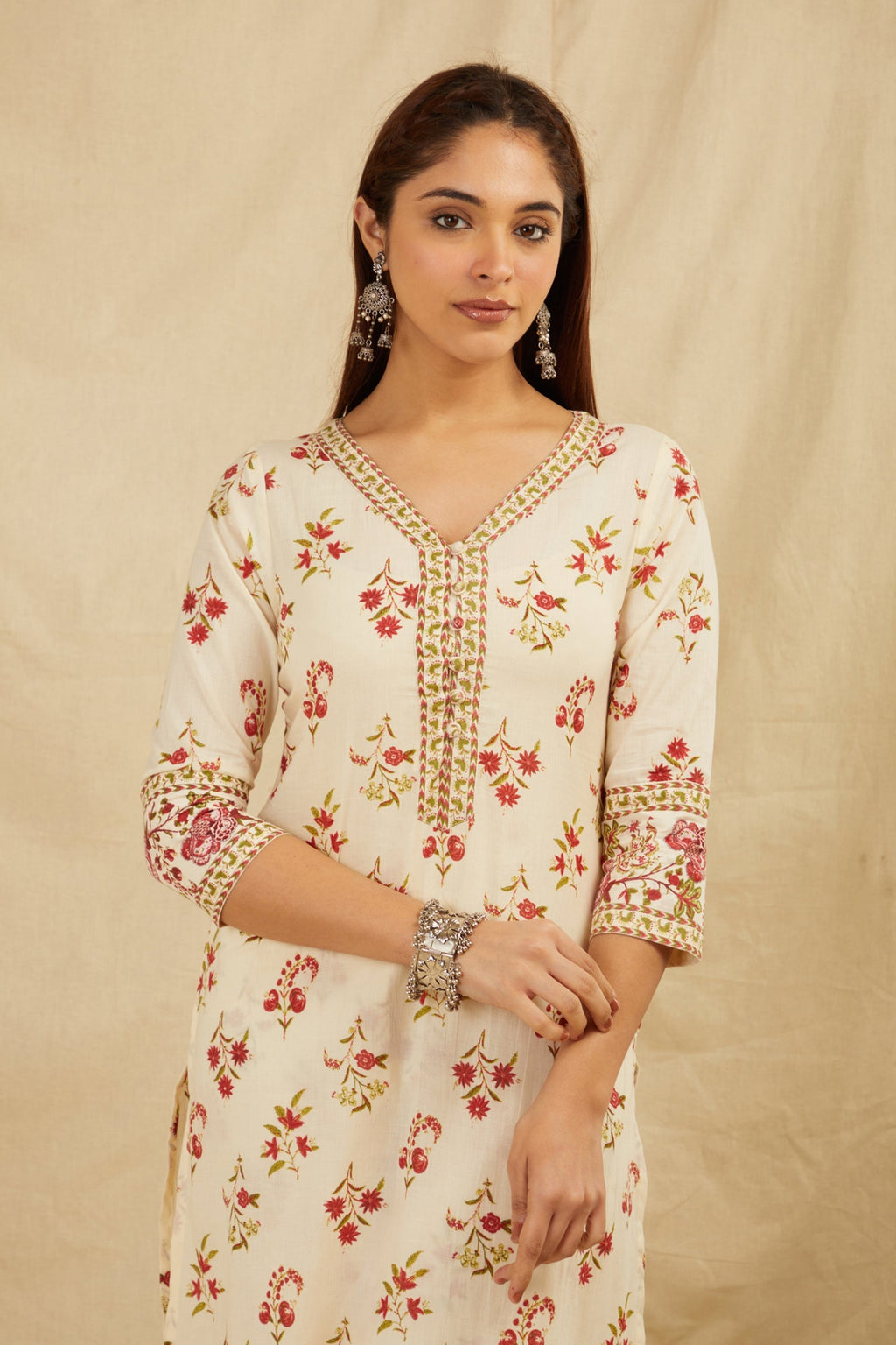 Cream Butti Printed Cotton Kurta Pant Set With Dupatta - Set of 3 Bada Boota