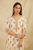 Cream Butti Printed Cotton Kurta Pant Set With Dupatta - Set of 3 Bada Boota