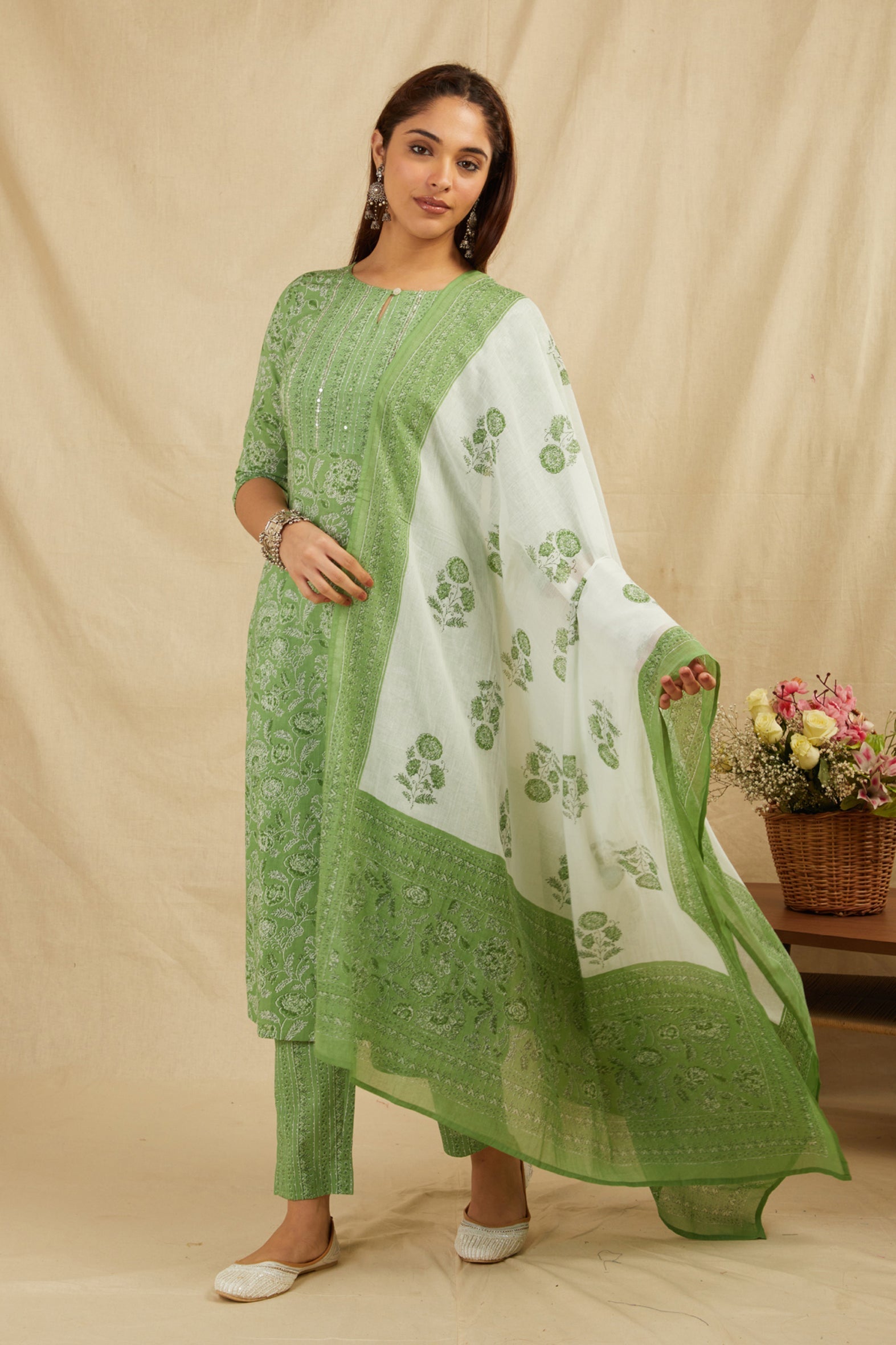 Green Straight Cotton Kurta Pant Set With Dupatta - Set of 3 Bada Boota