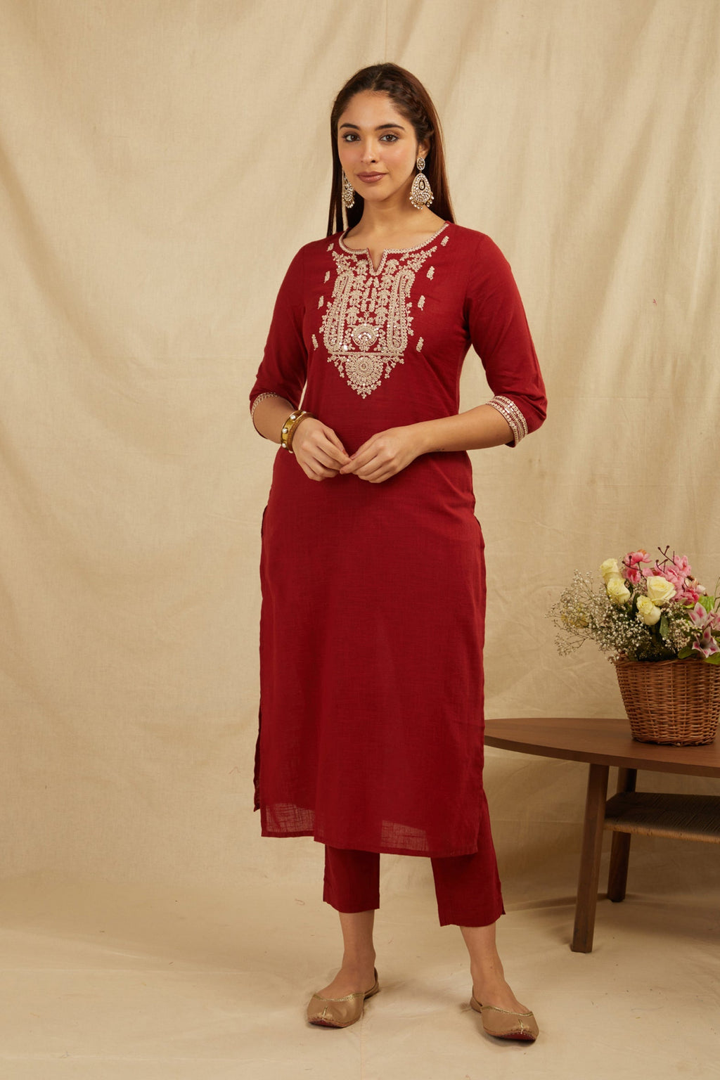 Maroon Cotton Partywear Suit Set With Work On Yoke Bada Boota