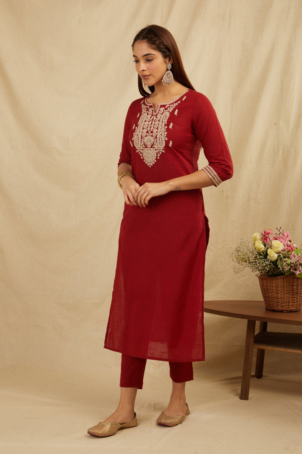 Maroon Cotton Partywear Suit Set With Work On Yoke Bada Boota