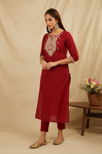 Maroon Cotton Partywear Suit Set With Work On Yoke Bada Boota