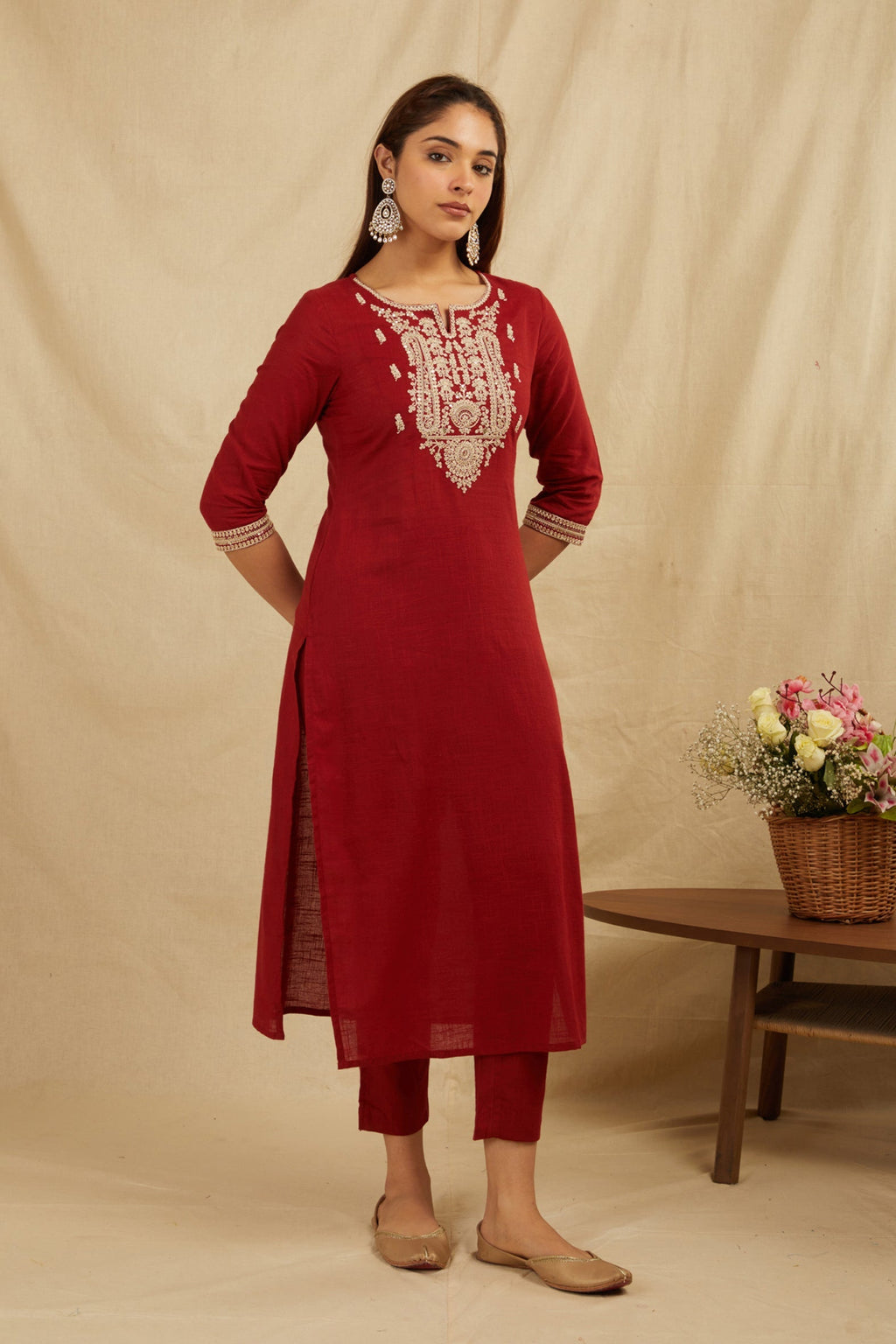 Maroon Cotton Partywear Suit Set With Work On Yoke Bada Boota