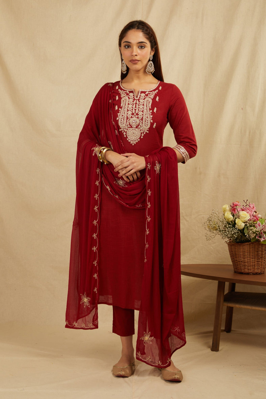 Maroon Cotton Partywear Suit Set With Work On Yoke Bada Boota