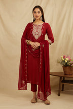 Maroon Cotton Partywear Suit Set With Work On Yoke Bada Boota