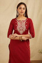 Maroon Cotton Partywear Suit Set With Work On Yoke Bada Boota