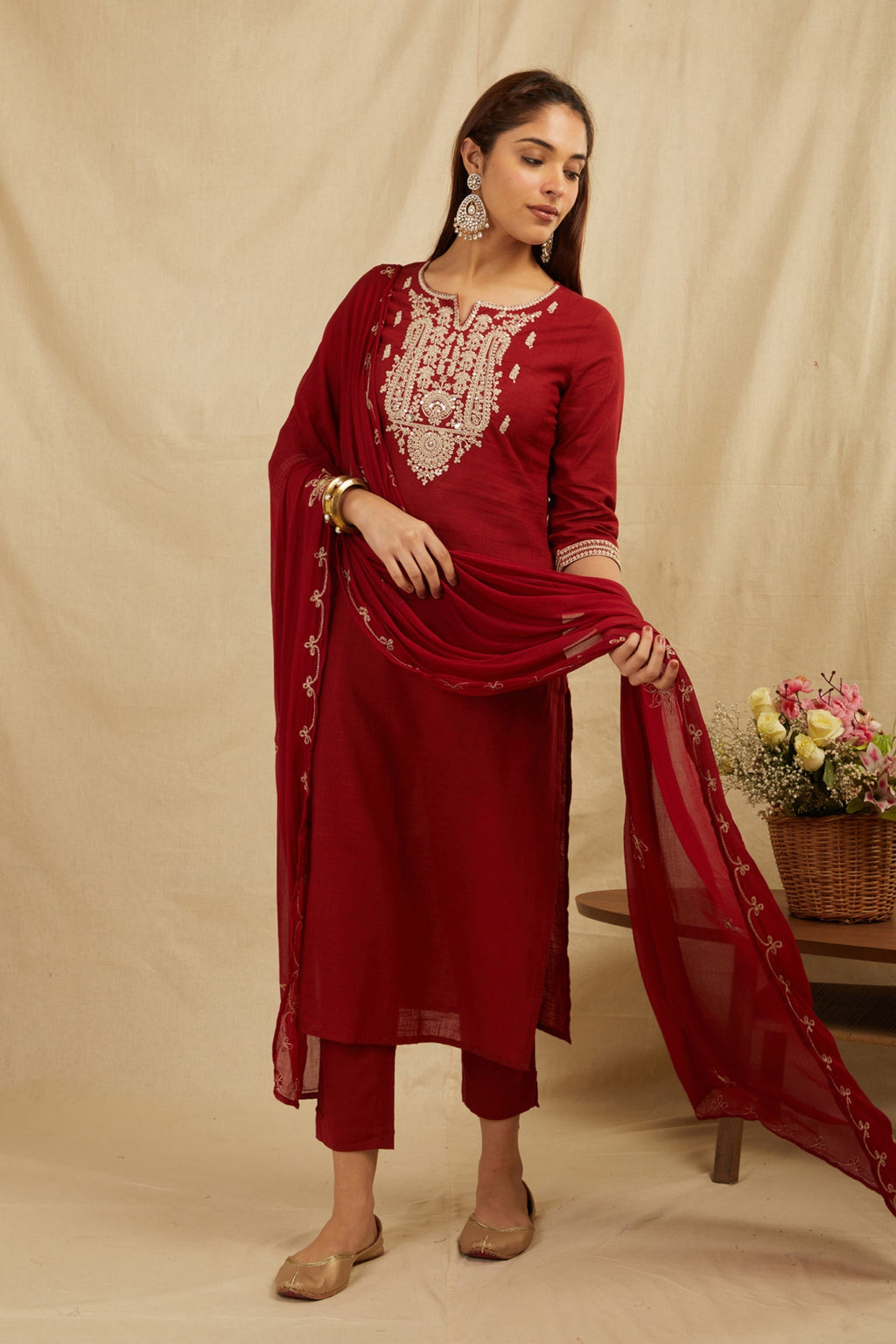 Maroon Cotton Partywear Suit Set With Work On Yoke Bada Boota